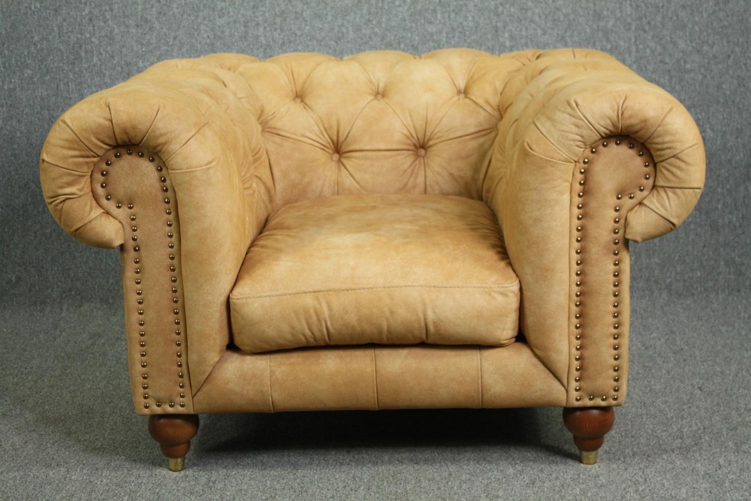 Chesterfield armchair, contemporary in deep buttoned leather upholstery with a nubuck finish. H.73 - Image 2 of 6