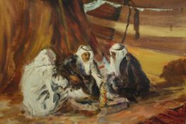 Robert Barnete, American (1931 - 2006), Oil on canvas, Arab figures seated together, signed. H.75