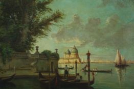 Oil on canvas, C.1900 a Venetian scene across the lagoon, signed S Dominique. H.70 W.82cm.