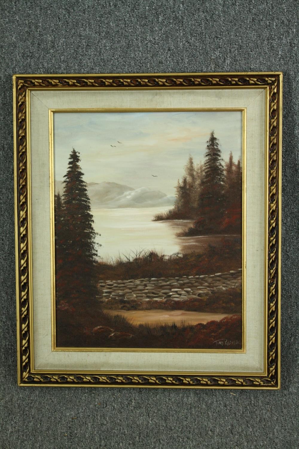 Oil on canvas, lakescape, signed Tony Robinson. H.66 W.55cm. - Image 2 of 4