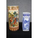 A Japanese cylindrical vase and a Chinese blue and white vase. H.46cm. (Largest).