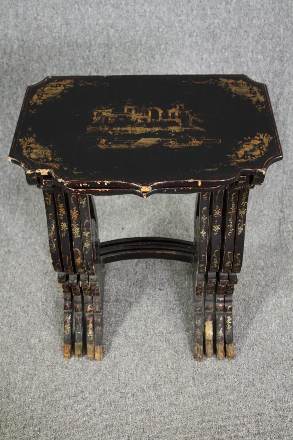 A nest of of four graduating occasional tables, mid century lacquered with Chinoiserie decoration. - Image 2 of 10