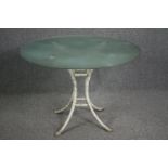 Garden or conservatory table, plate glass on faux bamboo painted metal base. H.75 Dia.107cm.