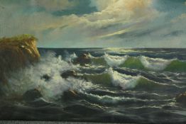 Oil on canvas, a stormy sea, signed Mele. Unframed. H.59 W.128cm.