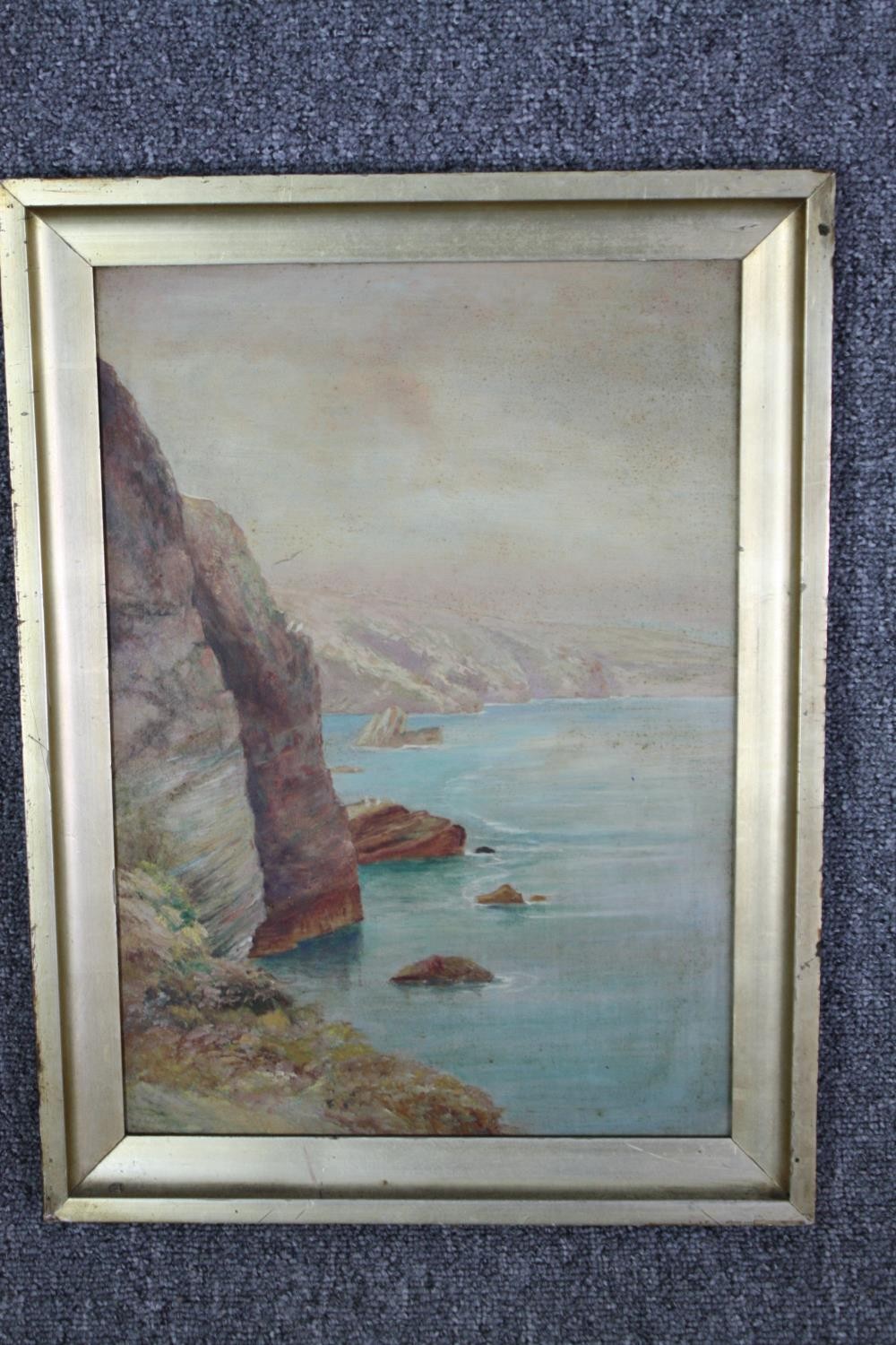 Oil on board, seascape with cliffs, unsigned. H.48 W.35cm. - Image 2 of 3