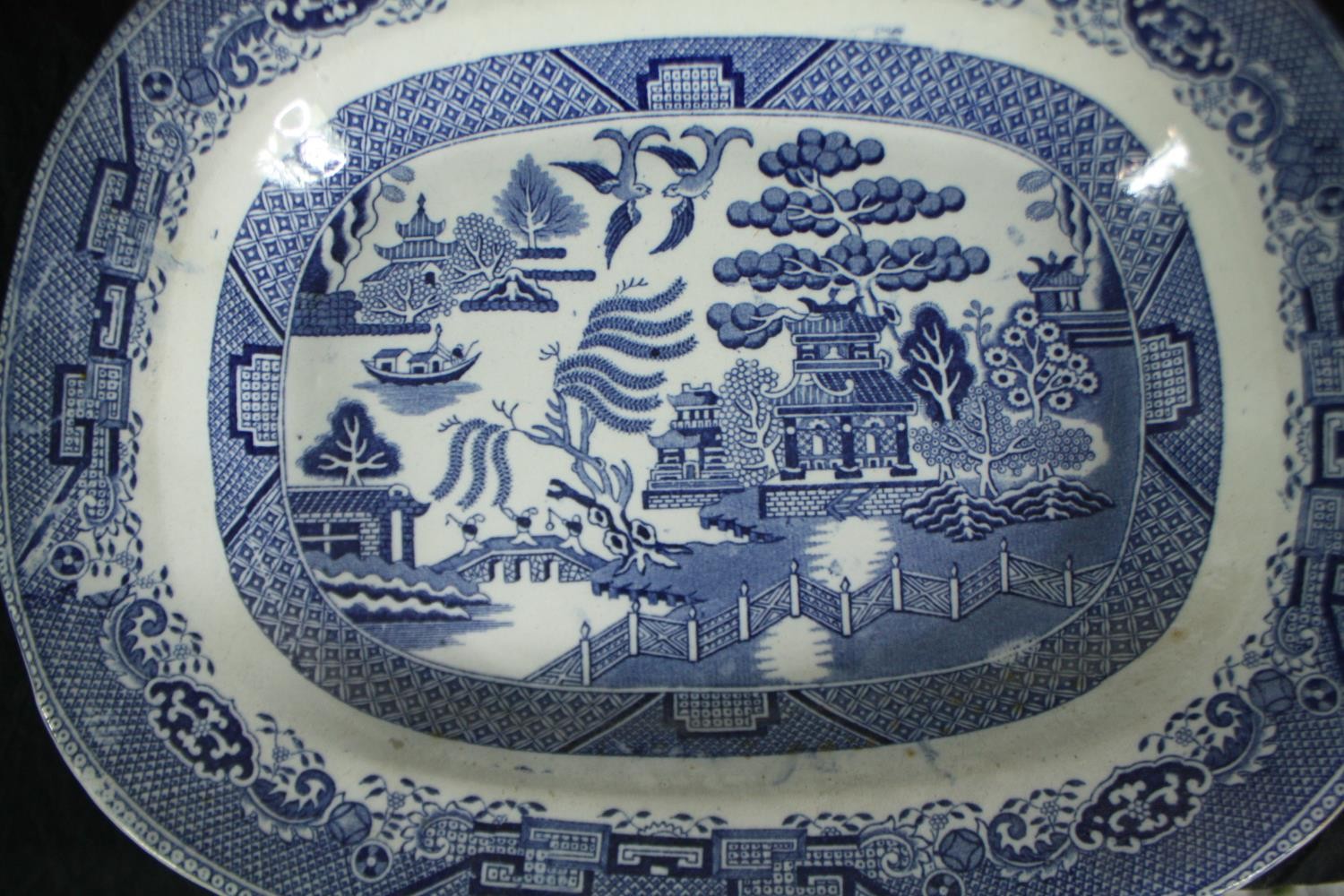 Three large blue and white Chinese willow pattern meat platters. H.38 W.47cm. - Image 2 of 5