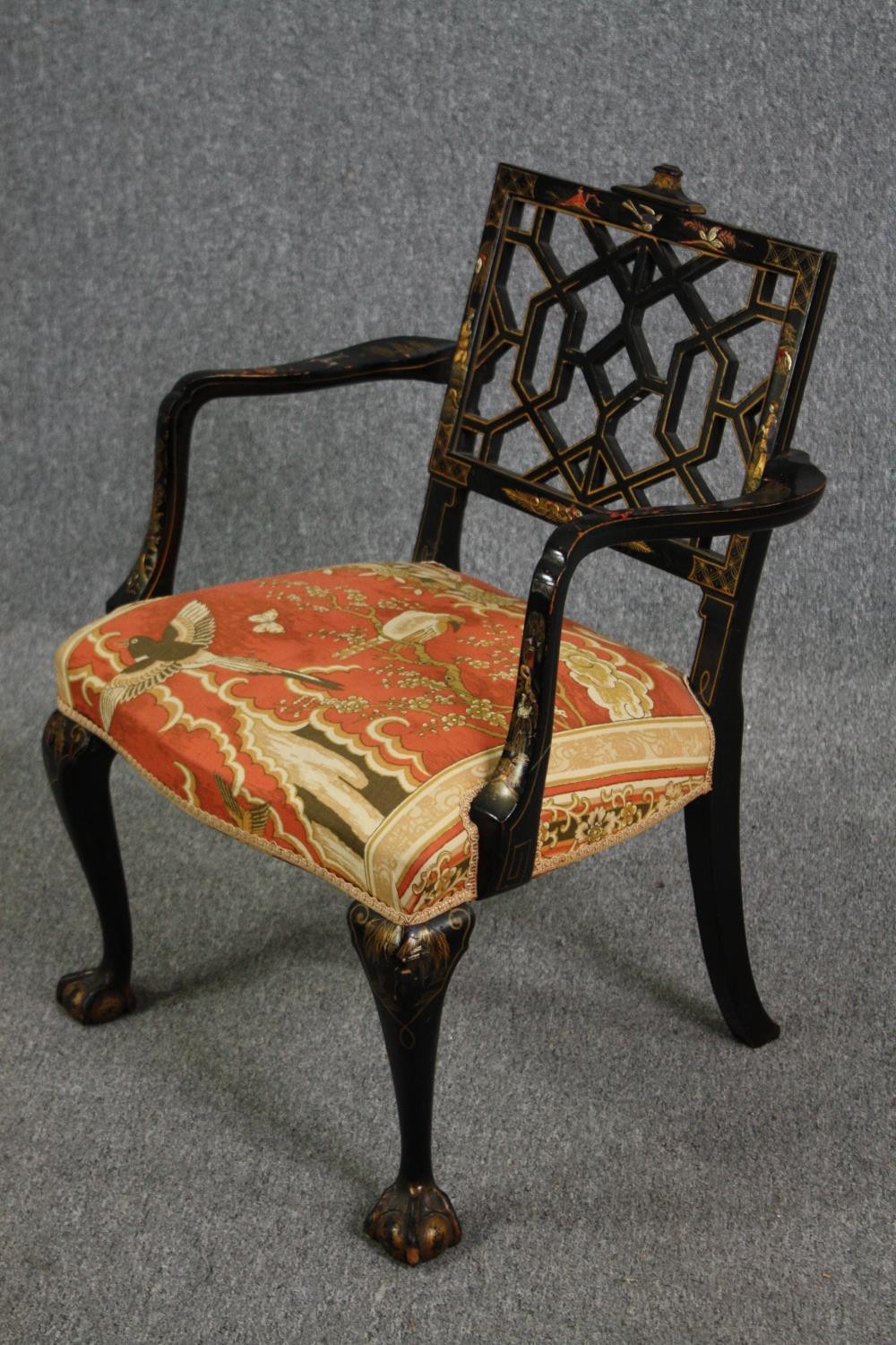 A Chinese Chippendale style lacquered armchair hand decorated in gilt. H.80cm. - Image 3 of 8