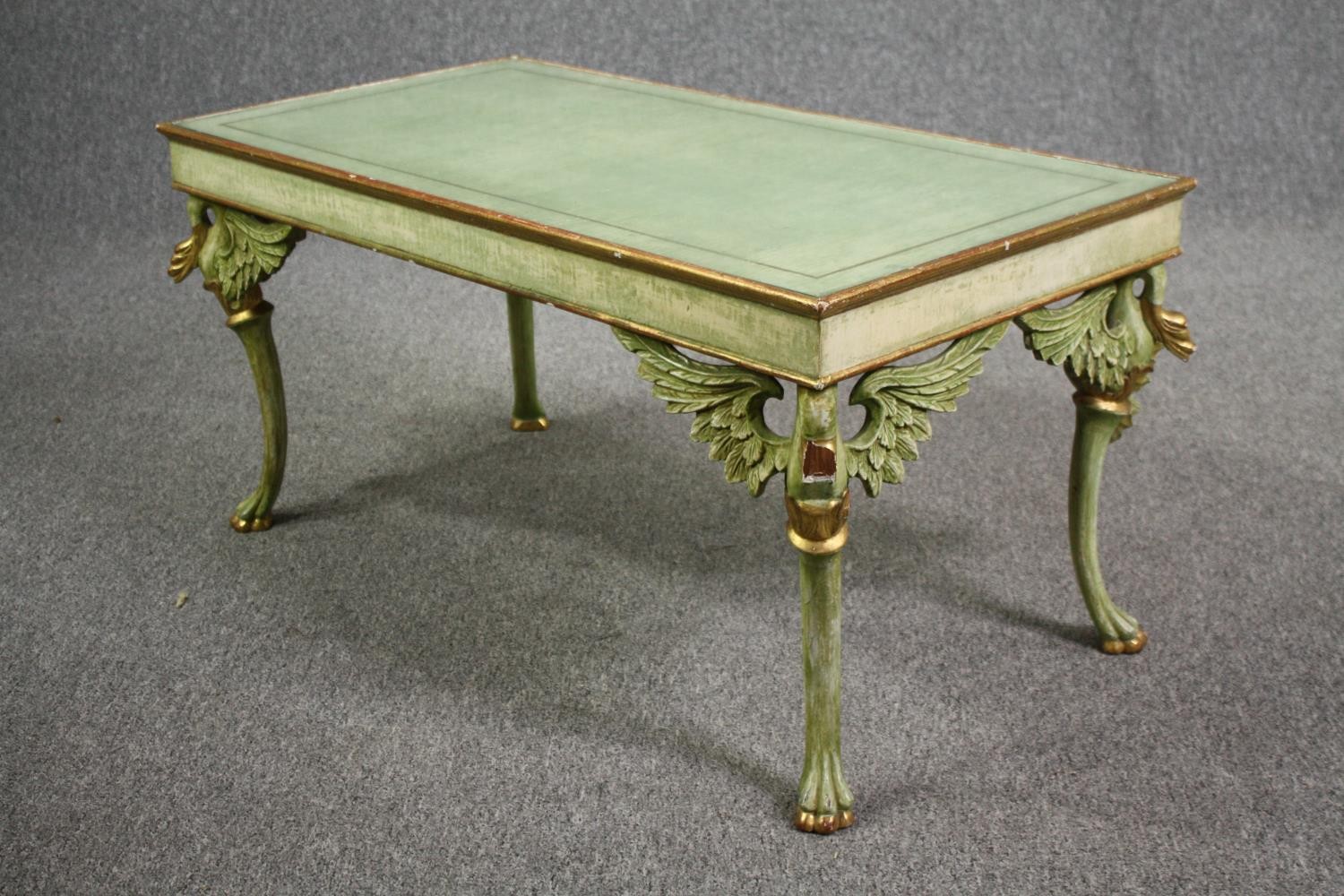 Coffee table, mid century painted raised on gilt swan supports. H.47 W.97 D.49cm. - Image 7 of 9