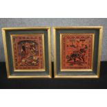 A pair of etched and lacquered Thai panels in gilt frames. H.34 W.30cm. (Each).