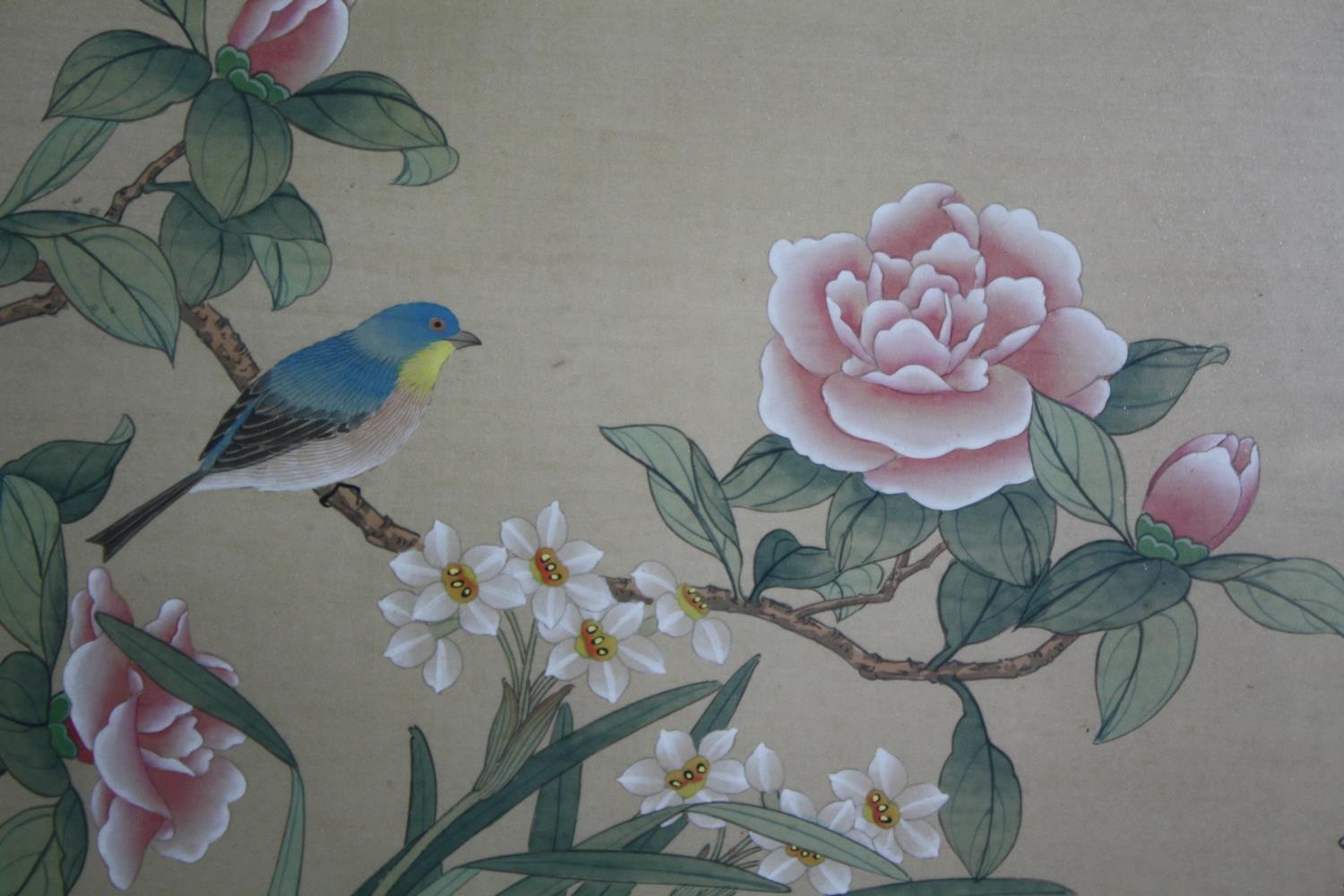 Watercolours, a pair, Japanese on silk with artist's seal, camellias and songbirds. H.47 W.50cm. ( - Image 3 of 6