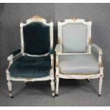 A French style distressed painted armchair and another similar. H.111cm. (Largest).