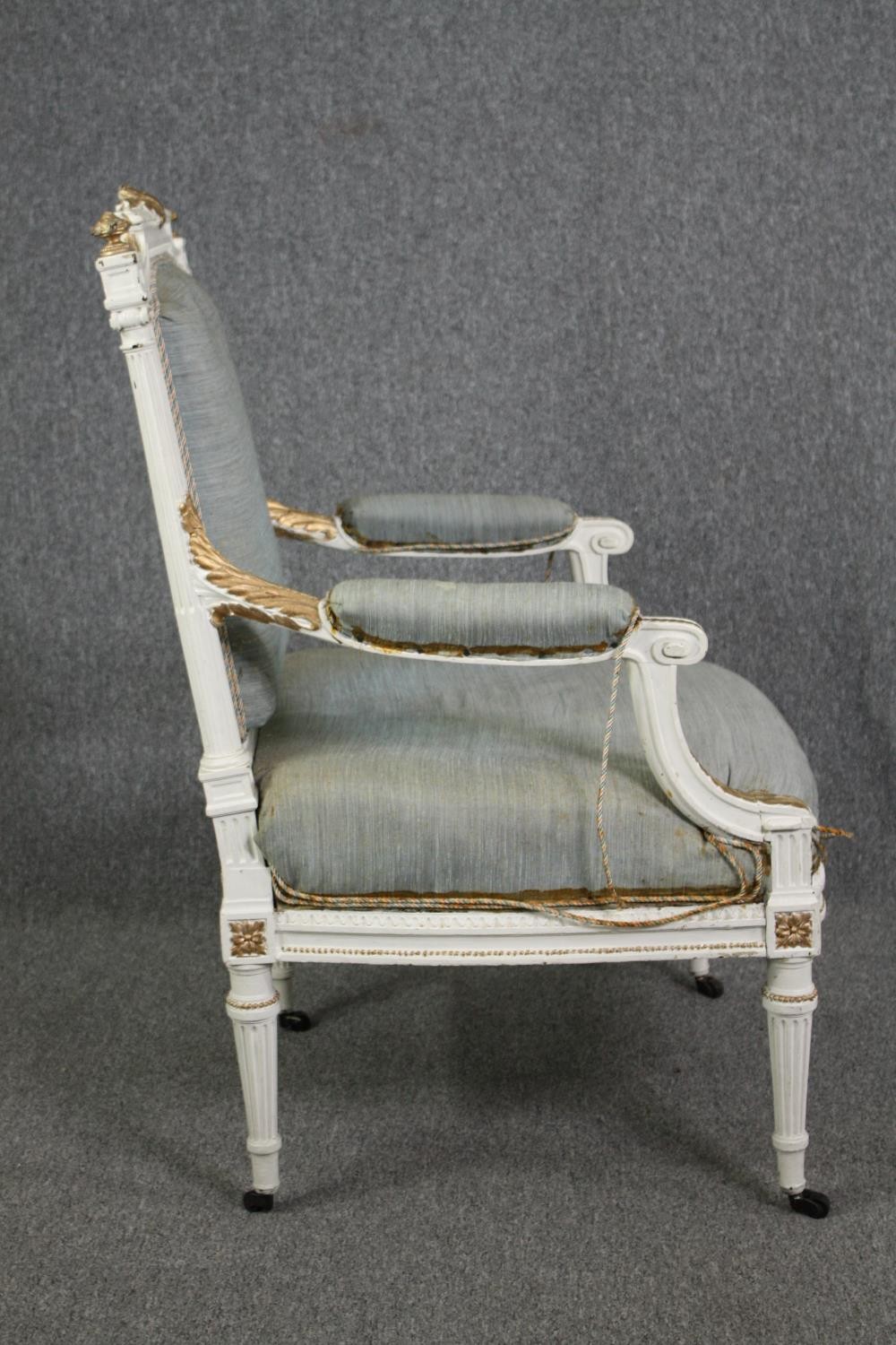 A French style distressed painted armchair and another similar. H.111cm. (Largest). - Image 4 of 8