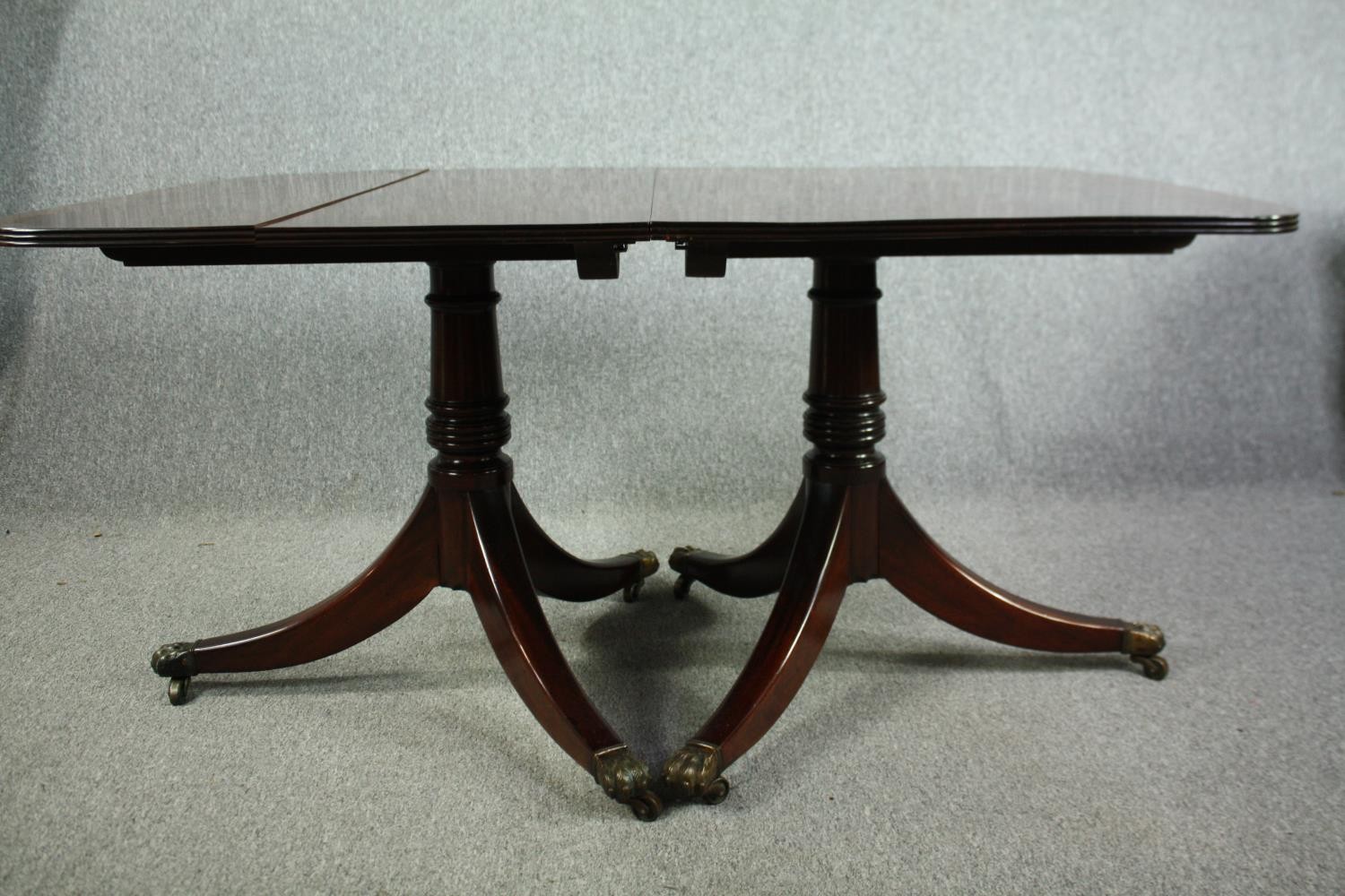 Dining table, Georgian style mahogany twin pillar with two extra leaves. H.74 W.245(ext) D.109cm. ( - Image 5 of 9