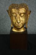 A gold painted terracotta Buddha's head mounted on a black wooden plinth. H.40cm.