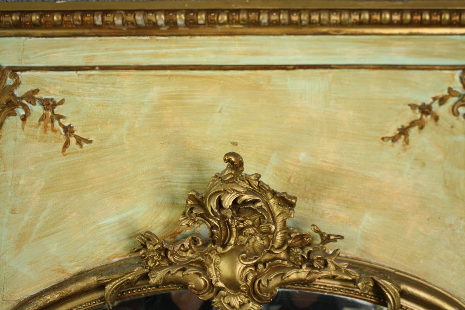 A 19th century French painted panel with giltwood and gesso pier glass with Rococo cresting above - Image 4 of 6