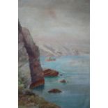 Oil on board, seascape with cliffs, unsigned. H.48 W.35cm.