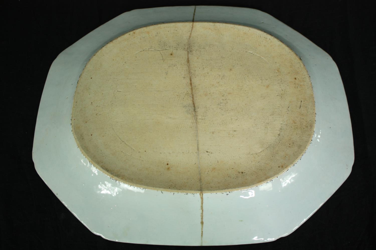 A 19th century blue and white meat plate. L.51 W.43cm. (With old crack as seen). - Image 3 of 4