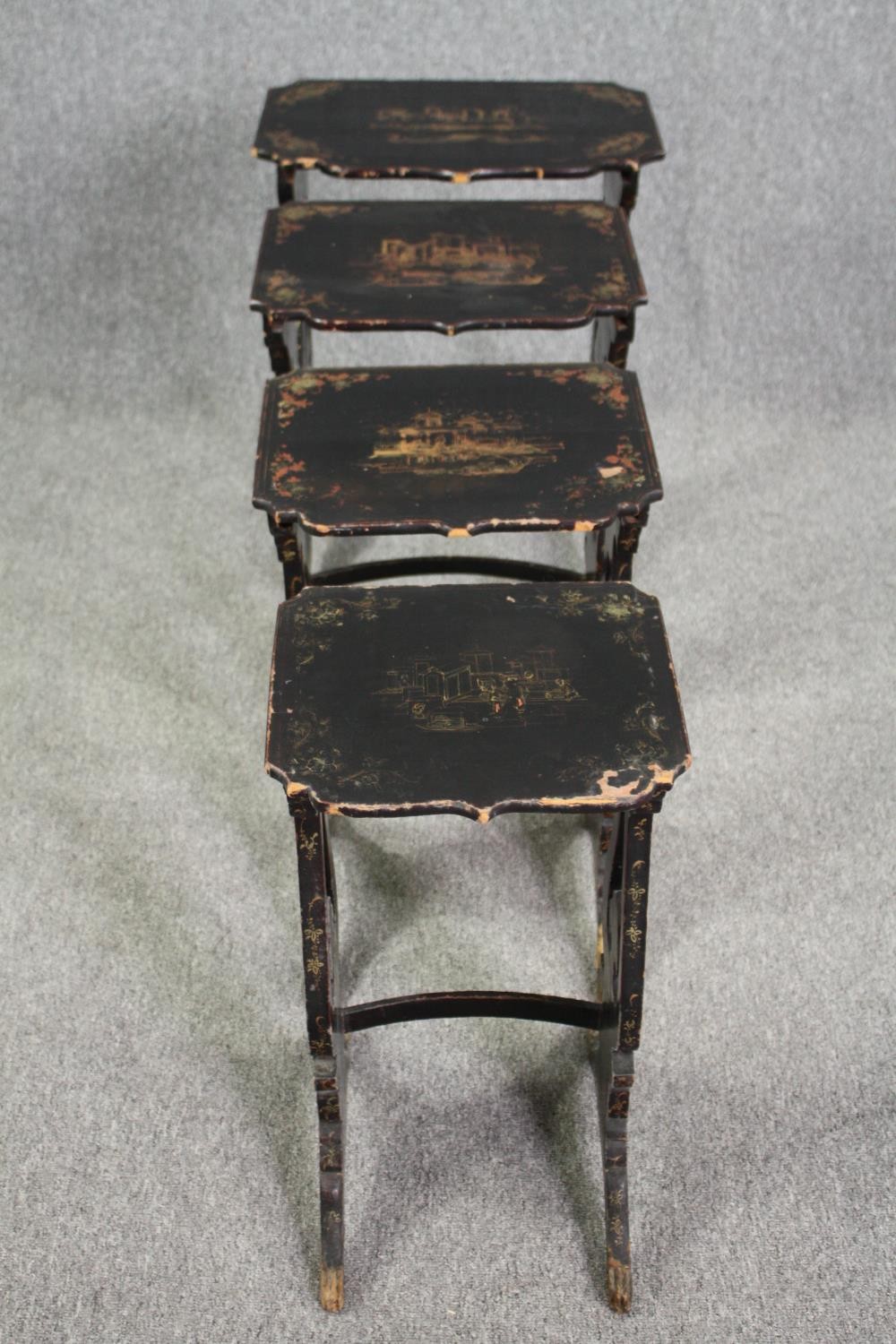 A nest of of four graduating occasional tables, mid century lacquered with Chinoiserie decoration. - Image 3 of 10