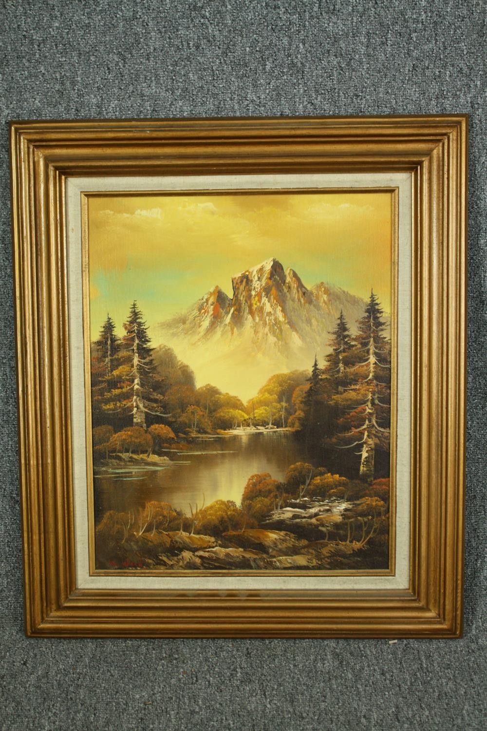 Oil on canvas, lakescape with mountain in the distance, 1970s vintage, signed Ward. H.72 W.59cm. - Image 2 of 4