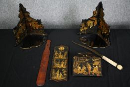 A pair of Chinese lacquered corner brackets, a similar letter rack and other desk items. L.40cm.
