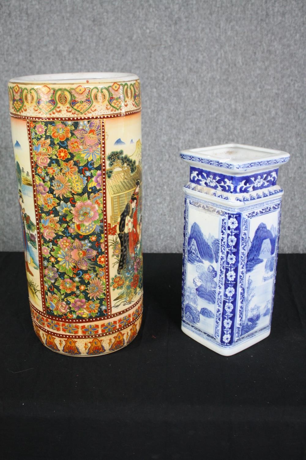 A Japanese cylindrical vase and a Chinese blue and white vase. H.46cm. (Largest). - Image 6 of 7