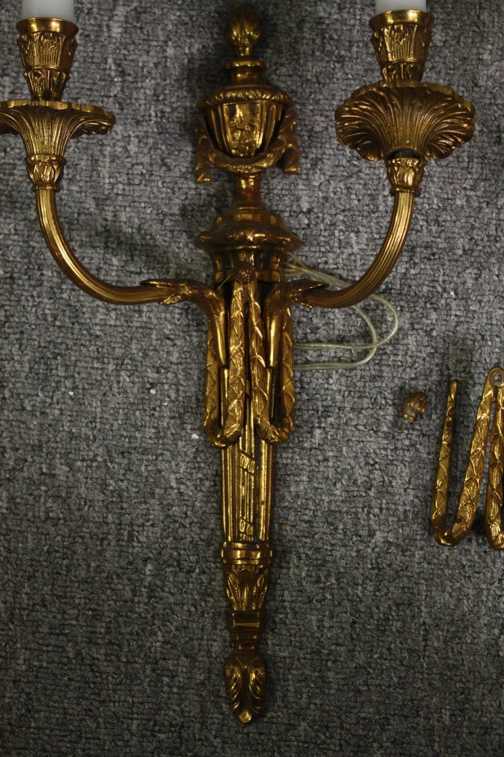A pair of gilt metal Classical design brass twin branch wall sconces. H.66cm. (Each). - Image 2 of 8