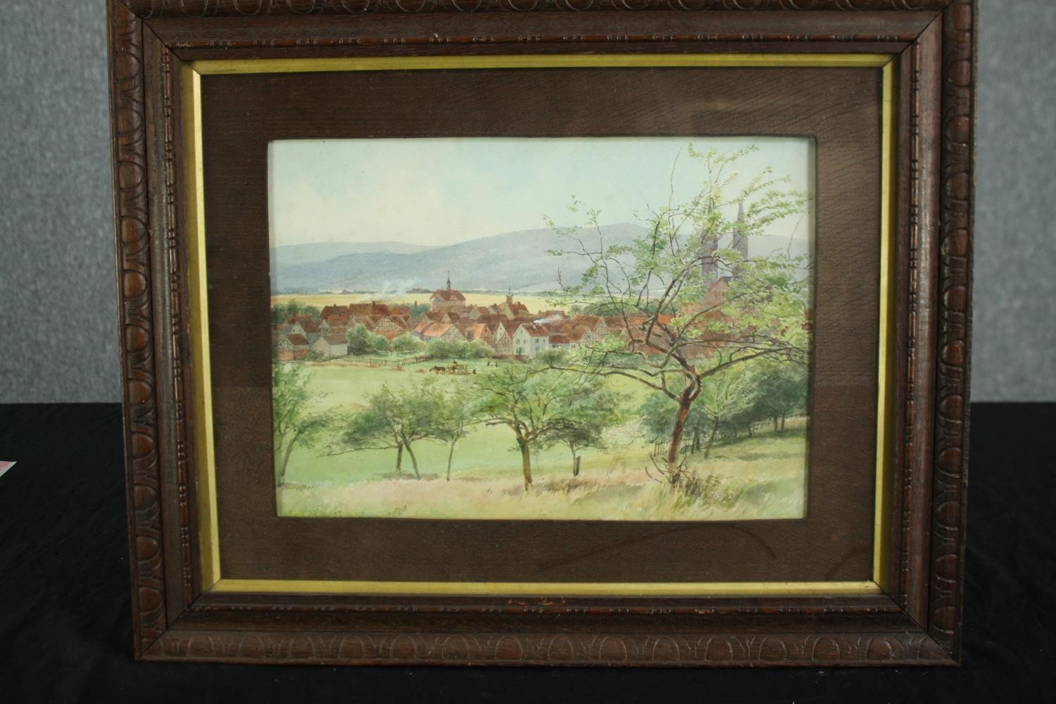 A rural landscape painting in carved frame with gilt edging. Probably German and early to mid - Image 2 of 3