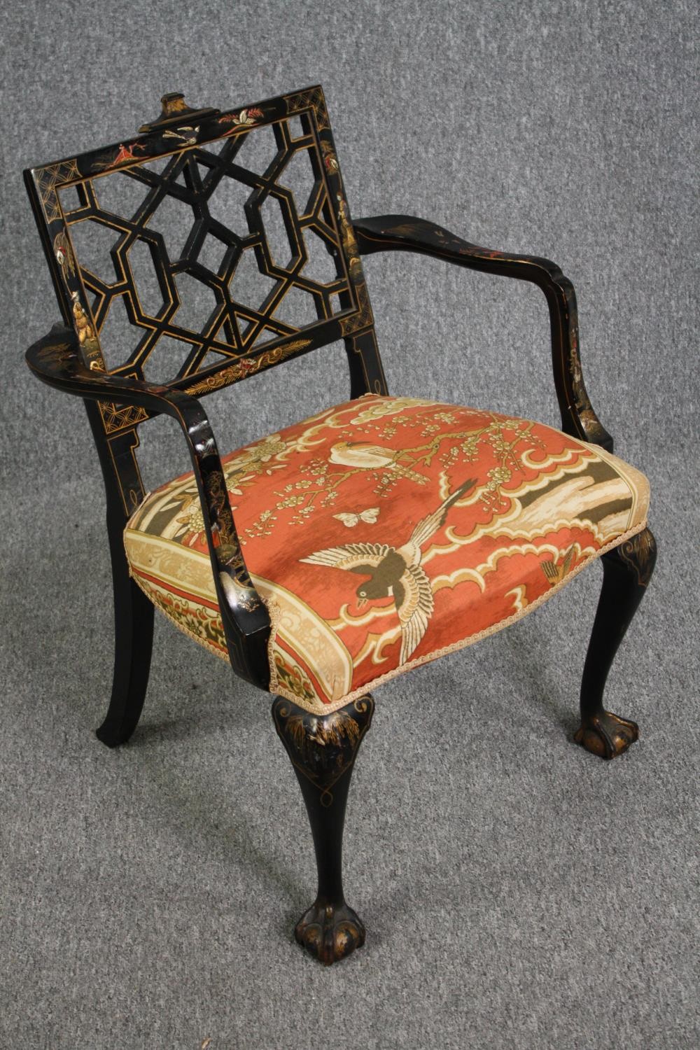 A Chinese Chippendale style lacquered armchair hand decorated in gilt. H.80cm. - Image 2 of 8