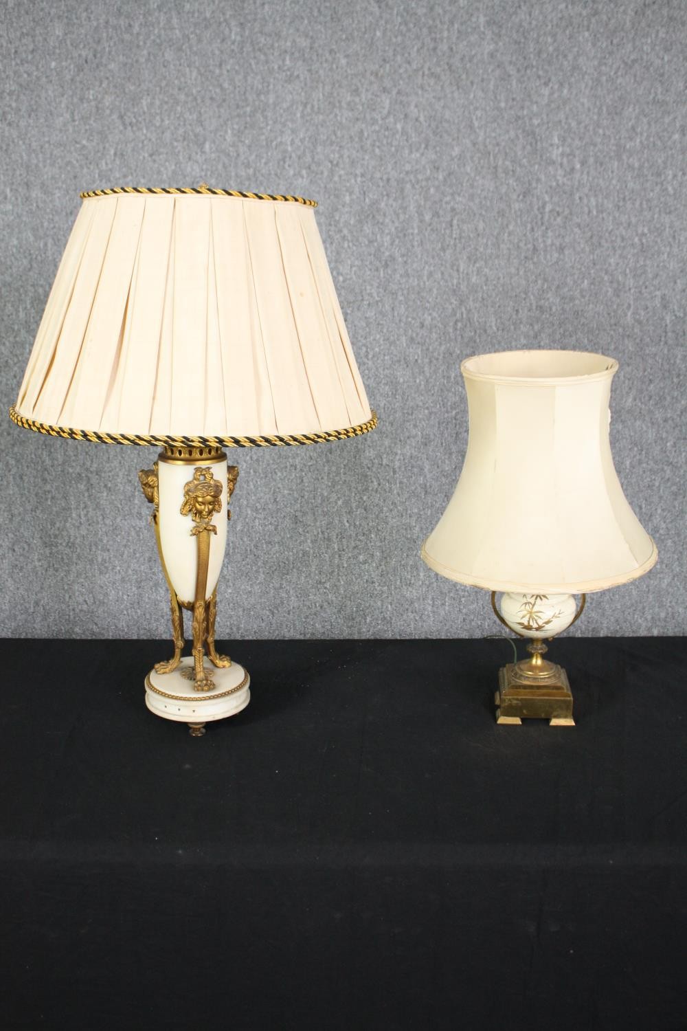 A vintage gilt spelter and marble Classical style table lamp and a Japanese hand gilded ceramic