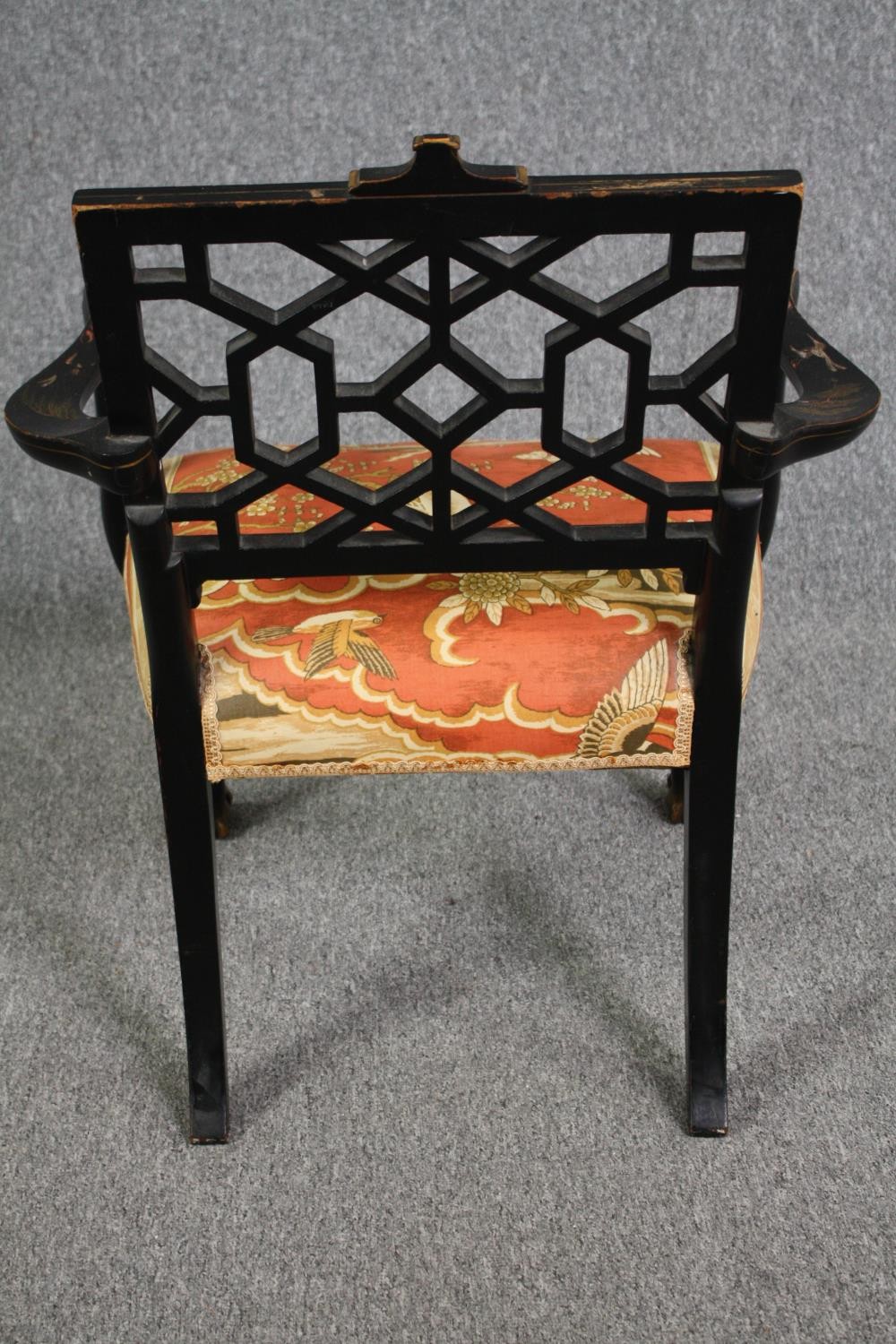 A Chinese Chippendale style lacquered armchair hand decorated in gilt. H.80cm. - Image 8 of 8