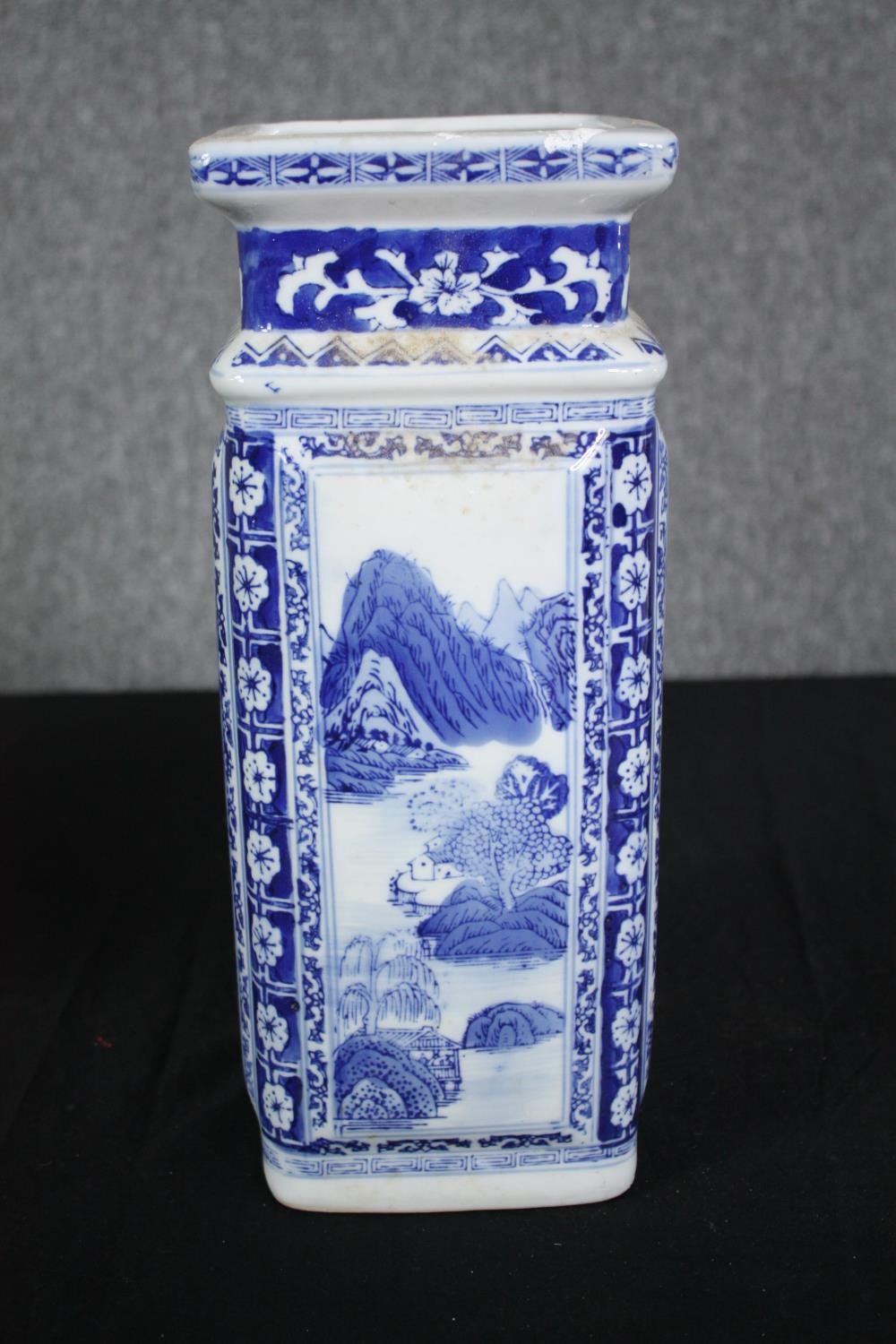 A Japanese cylindrical vase and a Chinese blue and white vase. H.46cm. (Largest). - Image 4 of 7