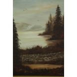 Oil on canvas, lakescape, signed Tony Robinson. H.66 W.55cm.