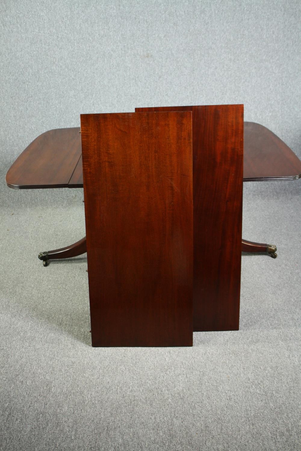 Dining table, Georgian style mahogany twin pillar with two extra leaves. H.74 W.245(ext) D.109cm. ( - Image 4 of 9