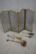 A brass fireguard and other fireplace implements. H.63cm. (Largest).
