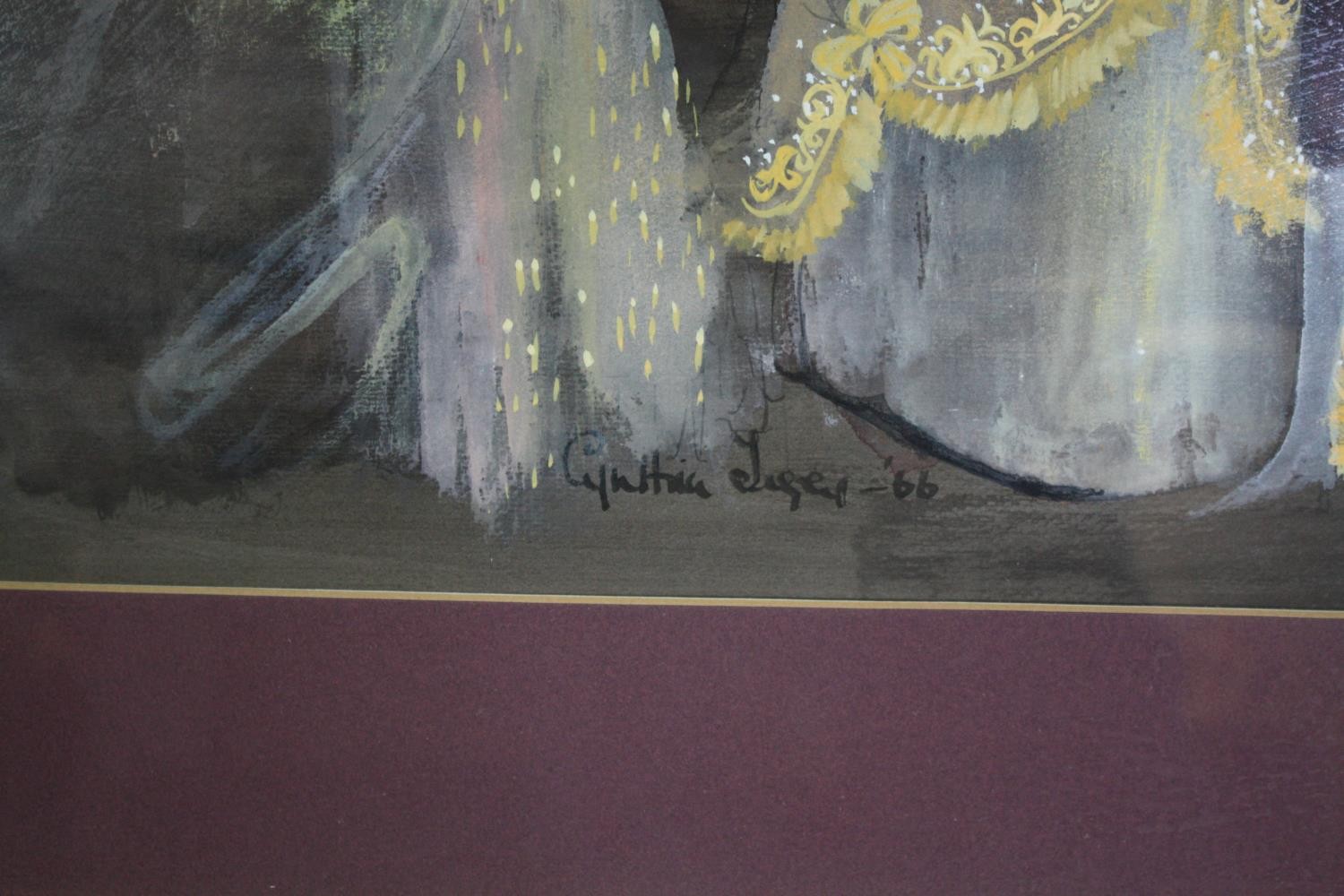 Acrylic on paper, figures in 18th century costume signed Cynthia Jaigey. H.54 W.70cm. - Image 3 of 4