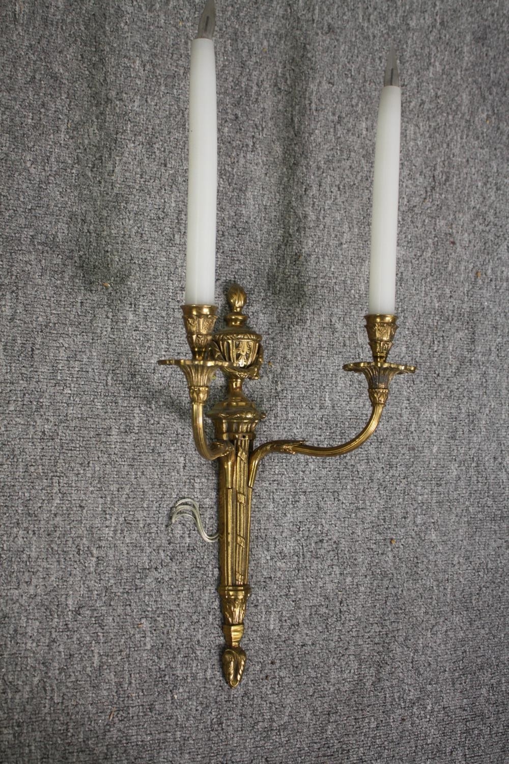 A pair of gilt metal Classical design brass twin branch wall sconces. H.66cm. (Each). - Image 4 of 8