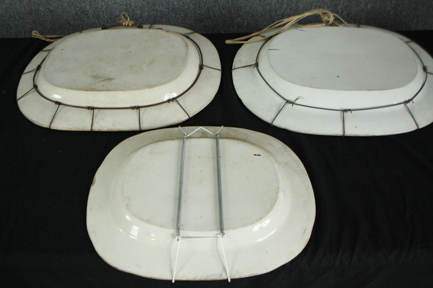 Three large blue and white Chinese willow pattern meat platters. H.38 W.47cm. - Image 5 of 5