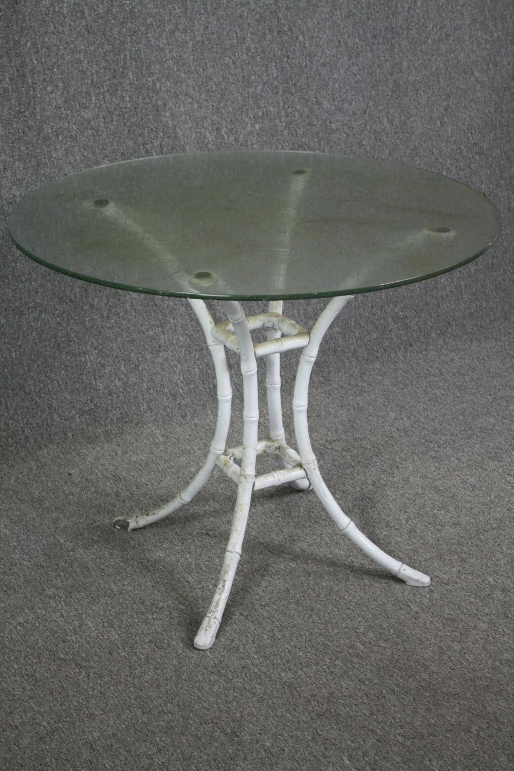 Garden or conservatory table, plate glass on faux bamboo painted metal base. H.74 Dia.91cm. - Image 2 of 4