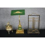 A Chinese censer with Foo dog finial, a brass and Toleware banker's lamp and a vintage brass and