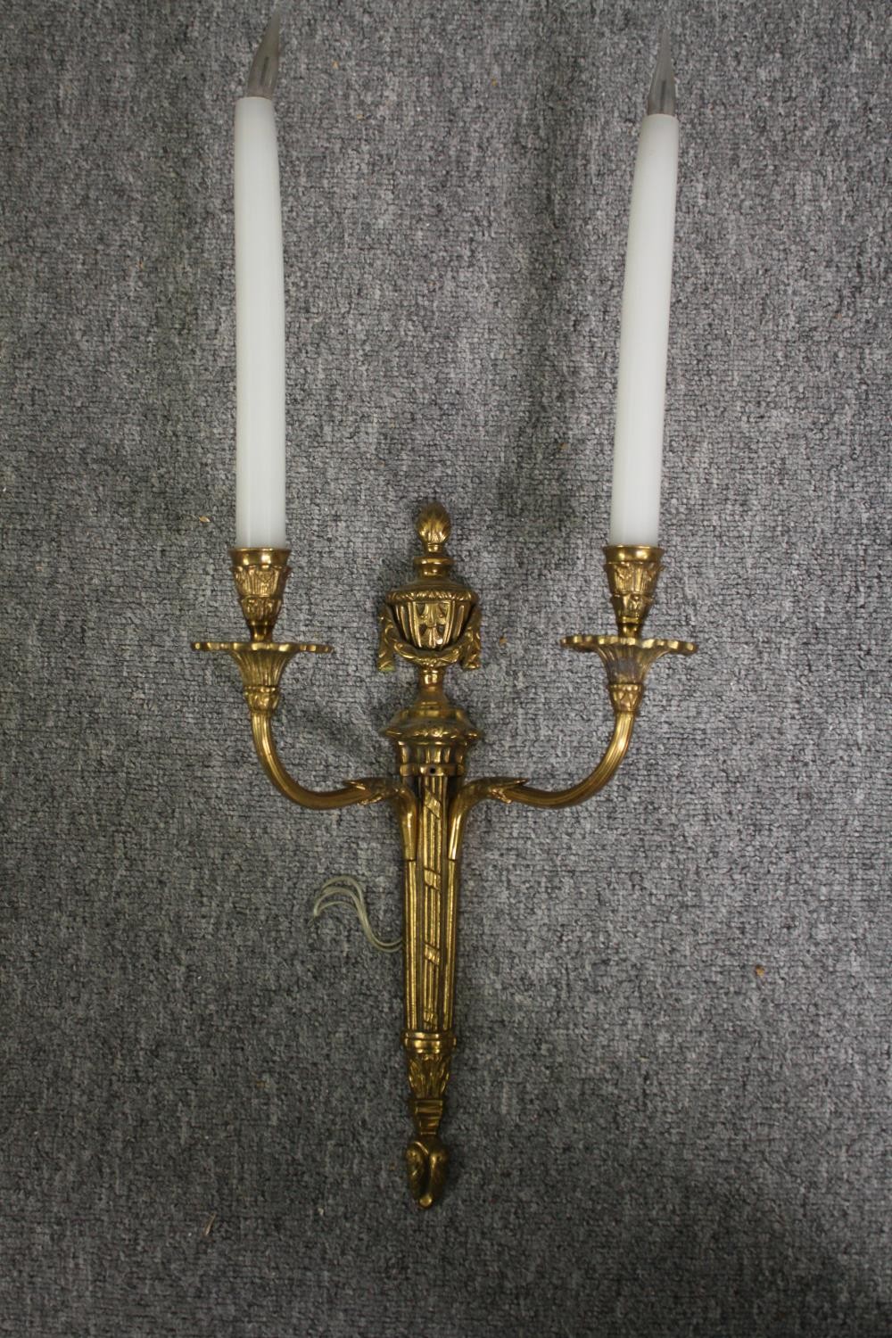 A pair of gilt metal Classical design brass twin branch wall sconces. H.66cm. (Each). - Image 3 of 8