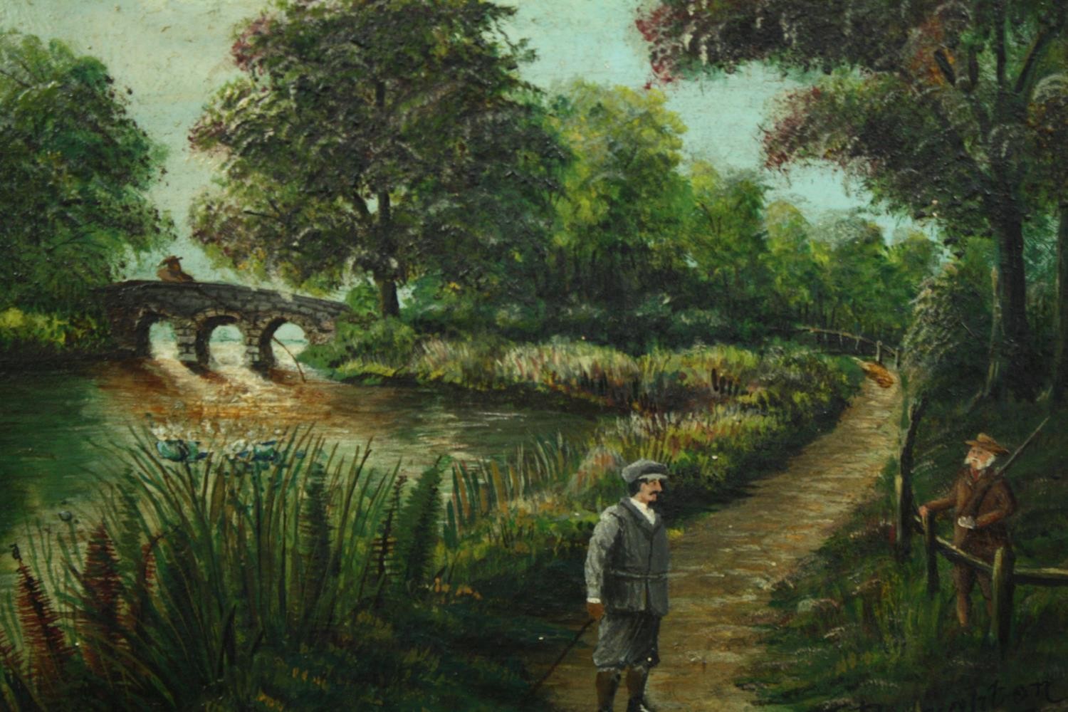 Oils on panel, a pair, figures on a path by a river, signed and dated J Broughton 1903. H.23 W.28cm. - Image 2 of 6