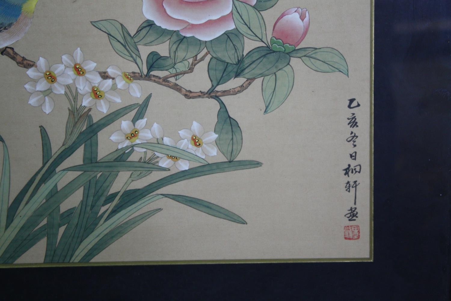 Watercolours, a pair, Japanese on silk with artist's seal, camellias and songbirds. H.47 W.50cm. ( - Image 4 of 6