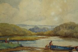 E. G. Webb. A landscape watercolour. A boat at shore with figures. Signed lower left. Mounted,