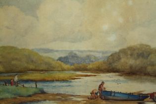 E. G. Webb. A landscape watercolour. A boat at shore with figures. Signed lower left. Mounted,