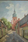 Oil on board. A street scene with church. Eastern European, signed ’M. Nielsen’ lower right. Early