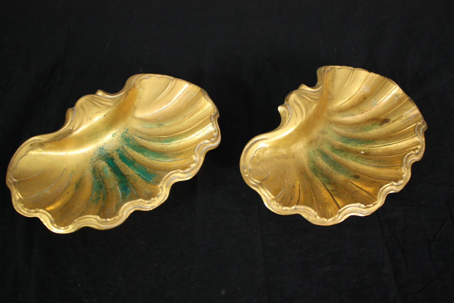 A set of three heavy gilt metal card trays or soap dishes of scalloped form. L.23 W.15cm. (Largest). - Image 4 of 5