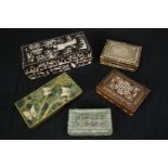 A collection of five boxes, to include, Damascus, Mother of Pearl and Chinese blue glass inlaid. H.8