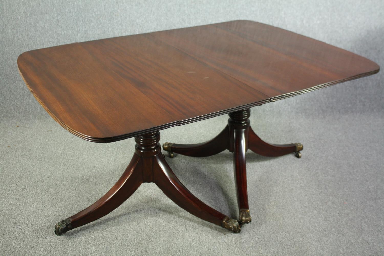 Dining table, Georgian style mahogany twin pillar with two extra leaves. H.74 W.245(ext) D.109cm. ( - Image 2 of 9