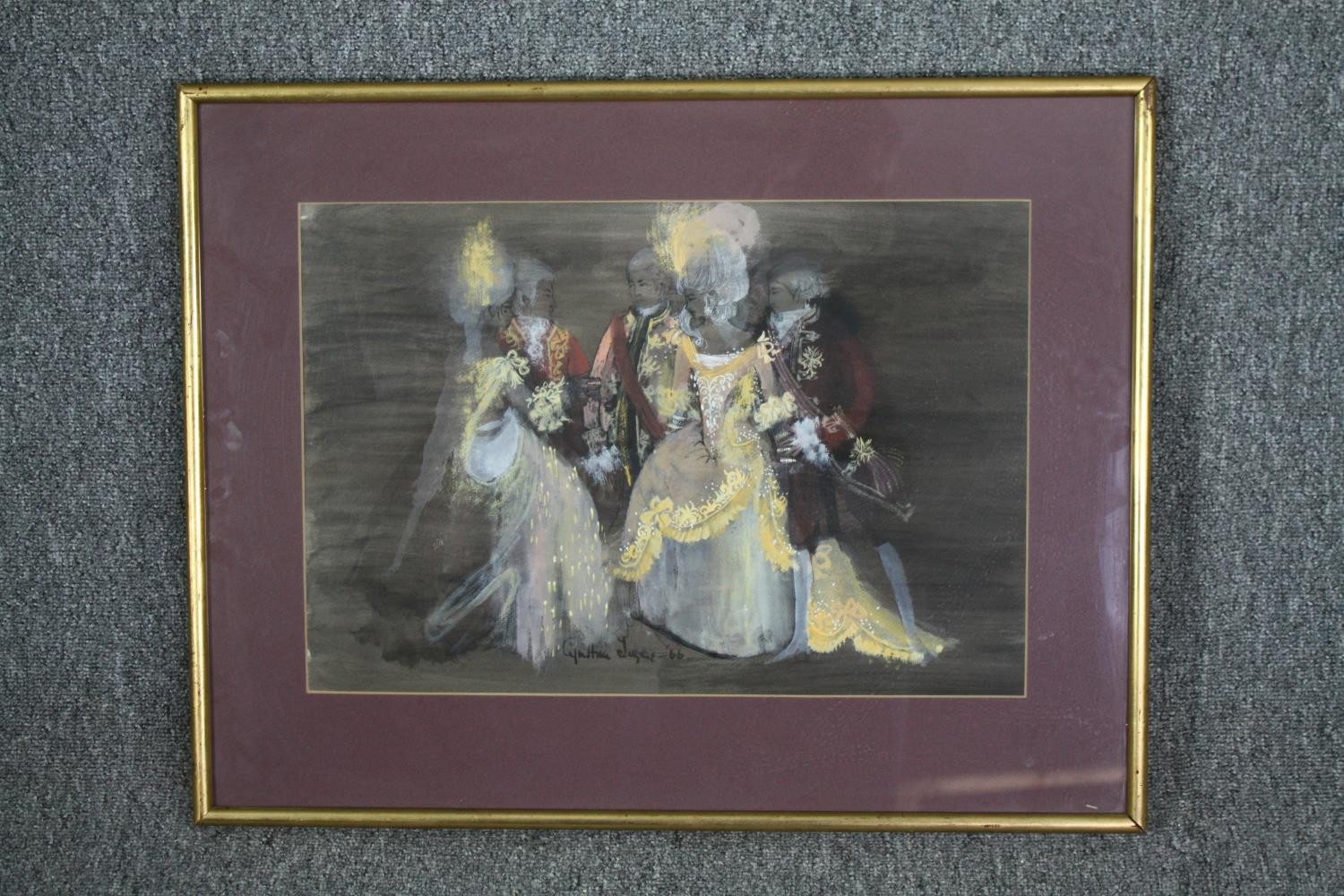 Acrylic on paper, figures in 18th century costume signed Cynthia Jaigey. H.54 W.70cm. - Image 2 of 4