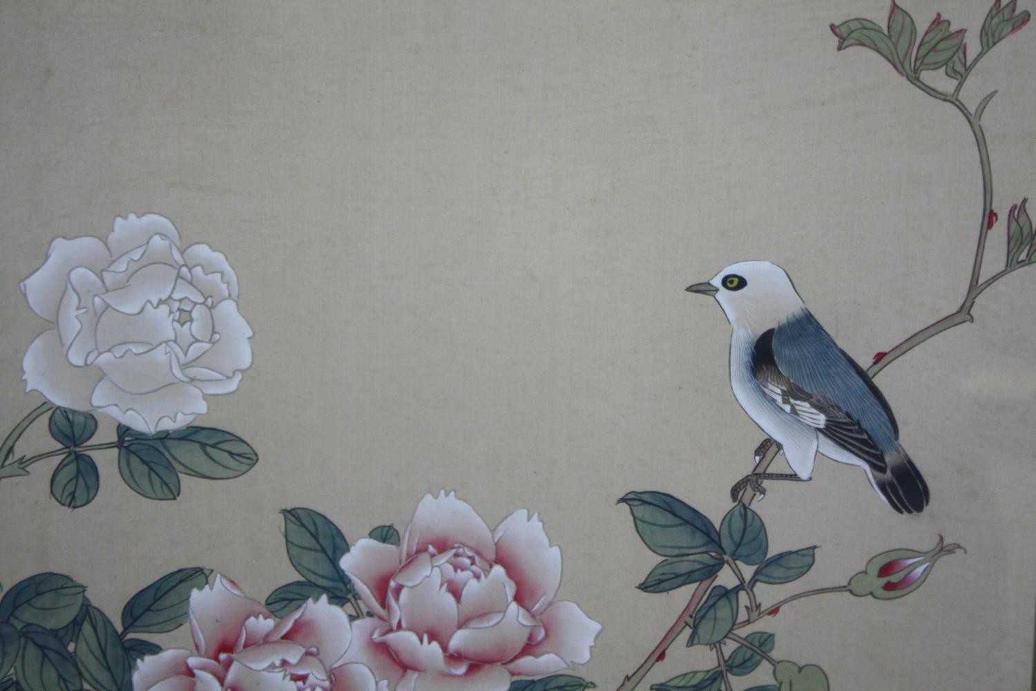Watercolours, a pair, Japanese on silk with artist's seal, camellias and songbirds. H.47 W.50cm. ( - Image 2 of 6